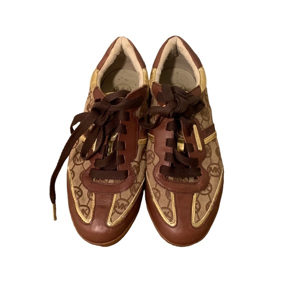Michael Kors brown leather canvas logo sneakers shoes women's size 8 low top - Picture 1 of 7